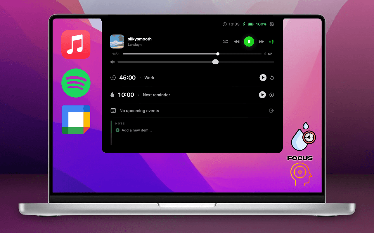 NotchOz menu bar widget app running on a MacBook with notch